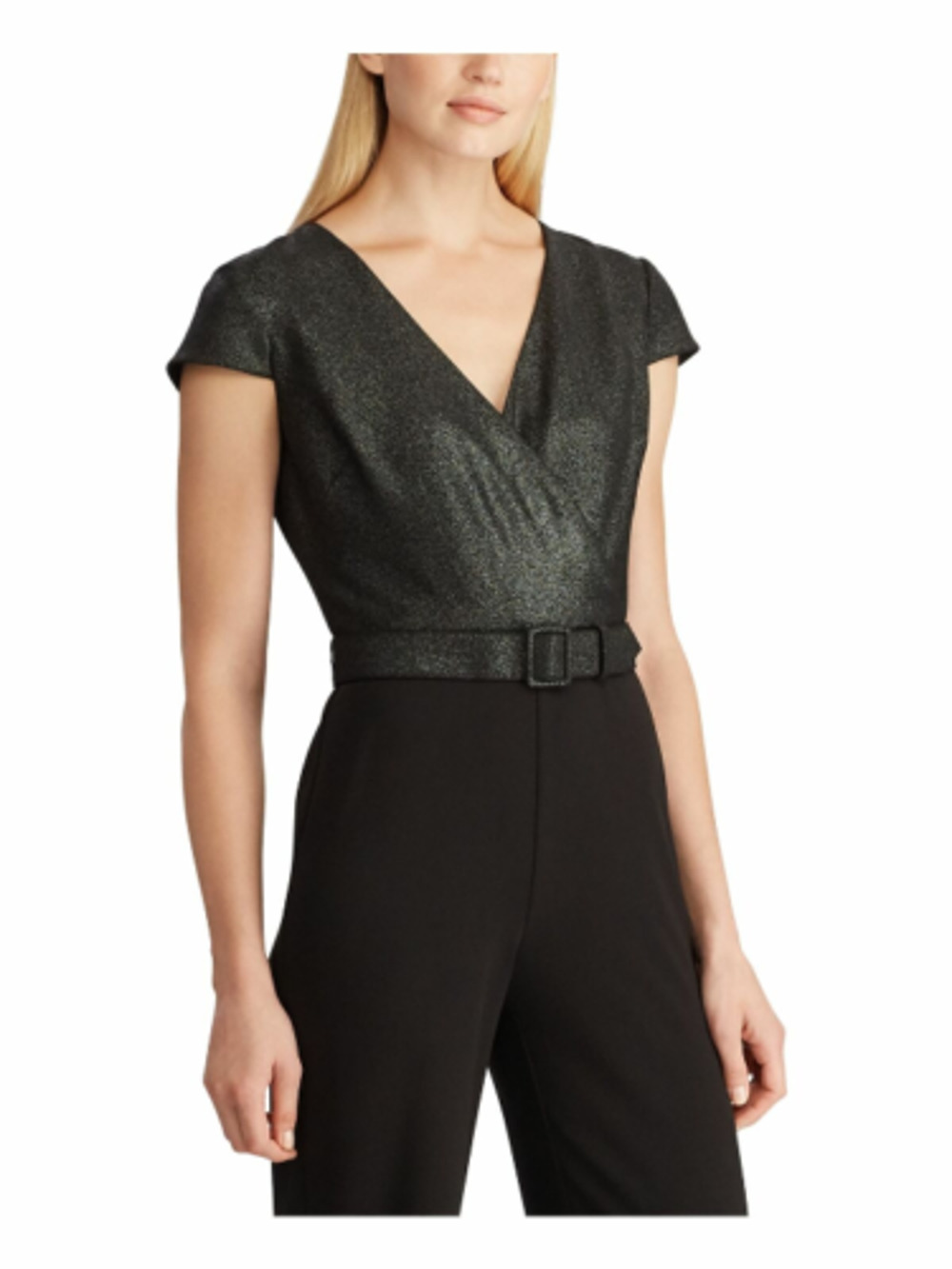 Ralph Lauren Women's Surplice Jumpsuit Black Glitter Cap Sleeve V-Neck